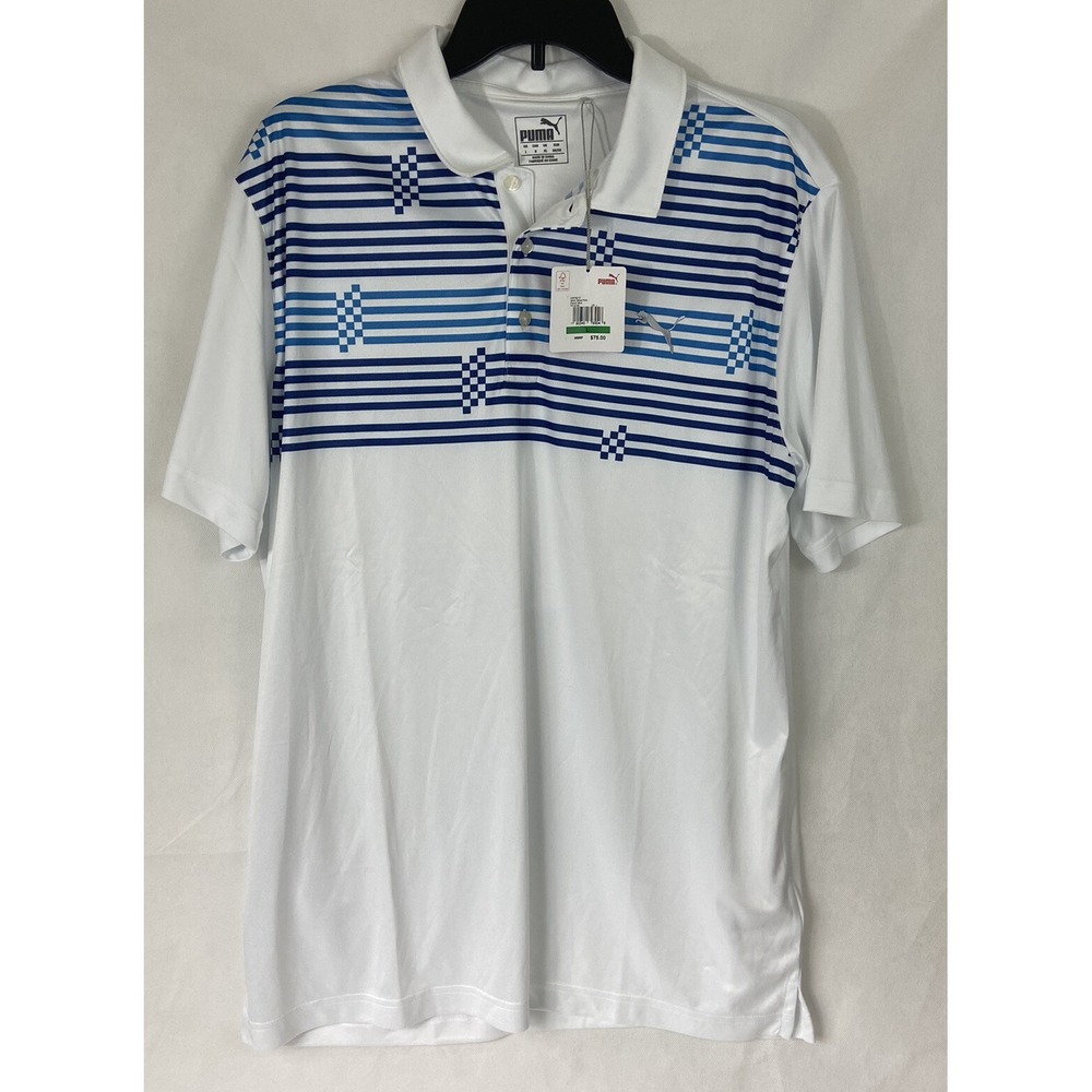 NEW PUMA Glitch Stripe s/s moisture WICKING POLO Size: L French Blue-White $75